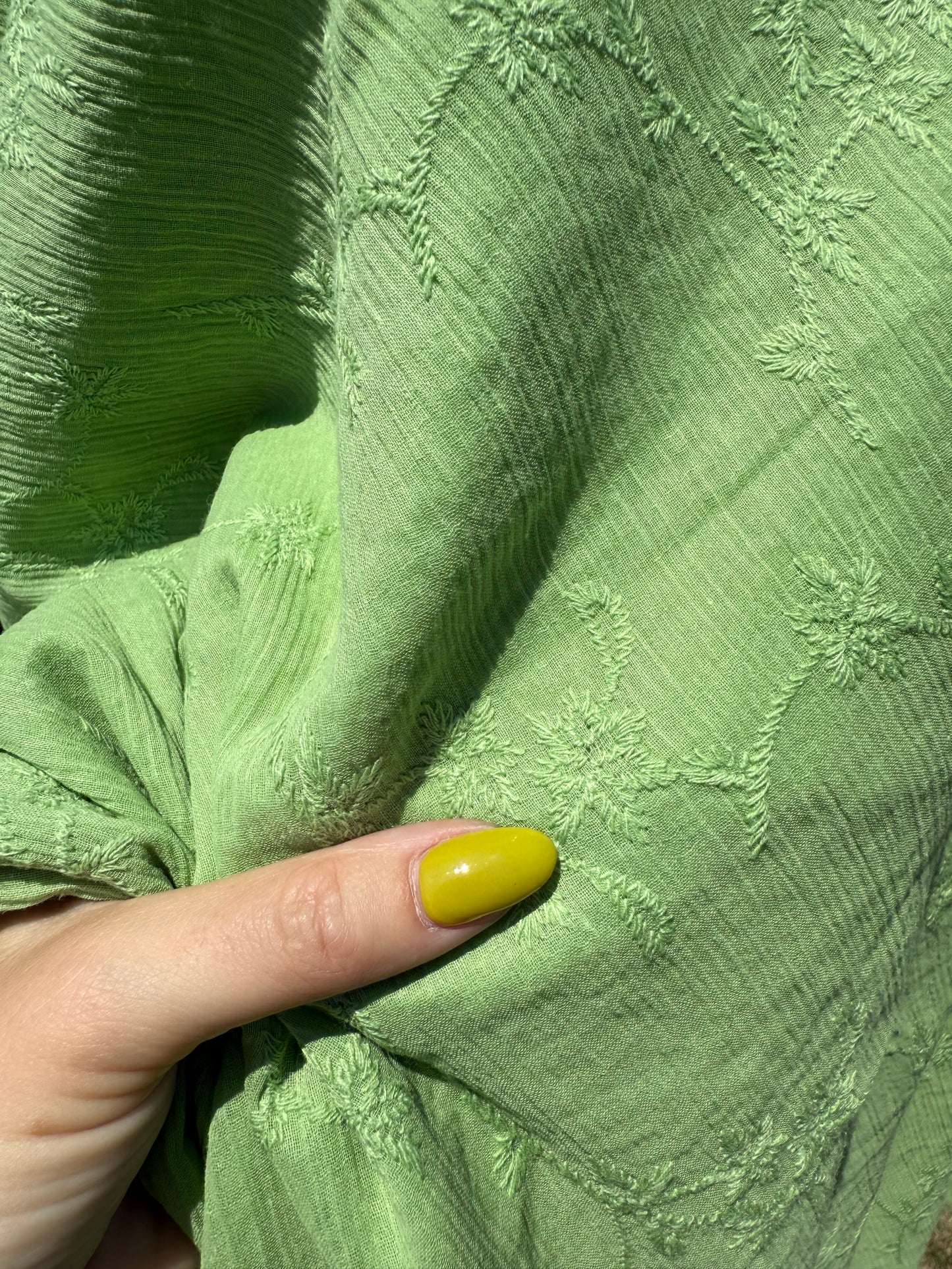 Lime Green Embroidered Vintage Cotton Gauze Woven "Sour Apple"