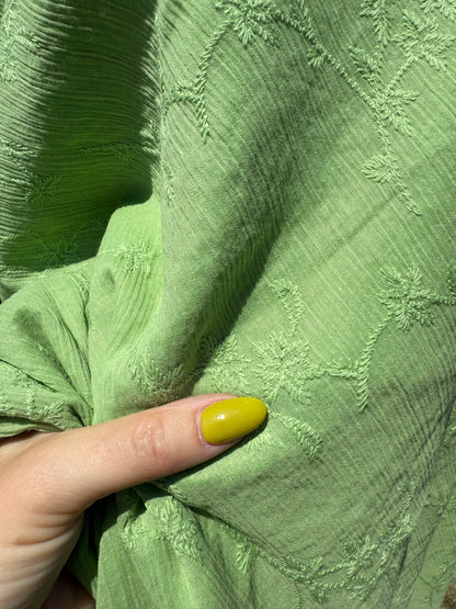 Lime Green Embroidered Vintage Cotton Gauze Woven "Sour Apple"