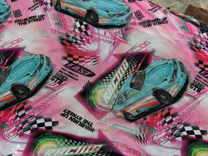 Pink Aqua Blue Race Car Micro Mesh Polyester Spandex Knit "Vroom Vroom"
