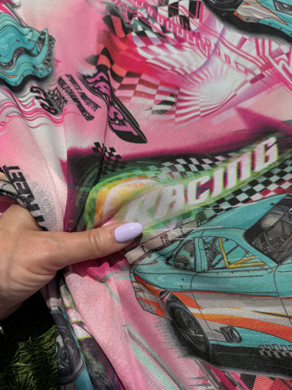 Pink Aqua Blue Race Car Micro Mesh Polyester Spandex Knit "Vroom Vroom"