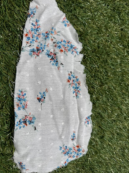 White Blue Pink Floral Swissdot Rayon Crepe Woven "Blanca Blooms"