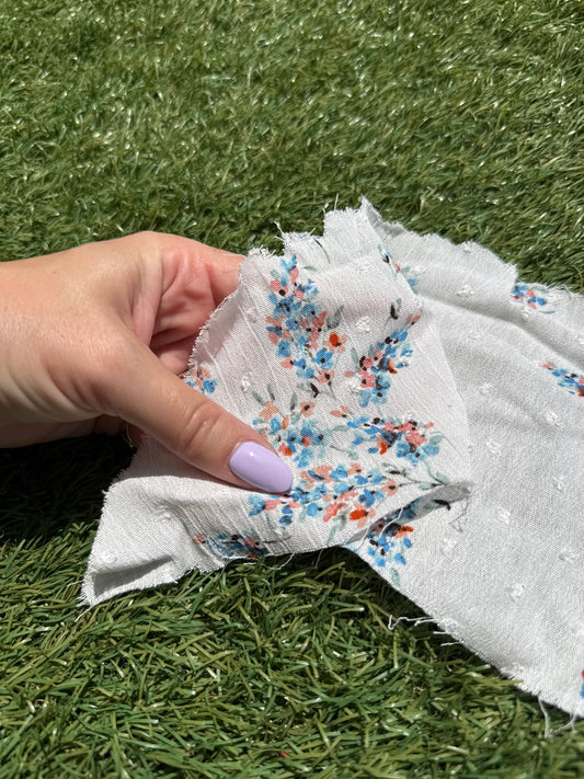 White Blue Pink Floral Swissdot Rayon Crepe Woven "Blanca Blooms"