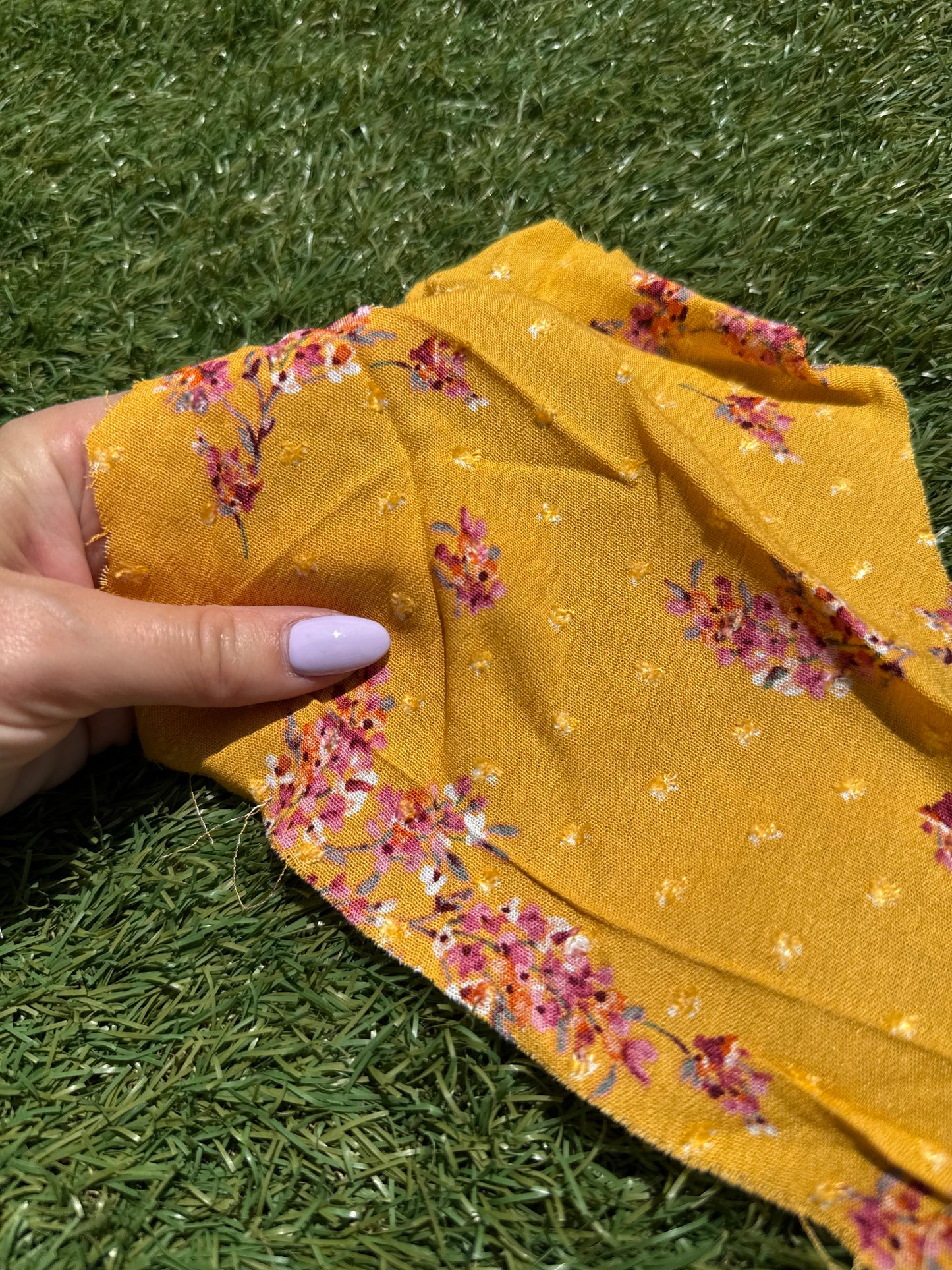 Gold Yellow pink Floral Clip Dot Rayon Crepe Woven " Cecilia Blooms"