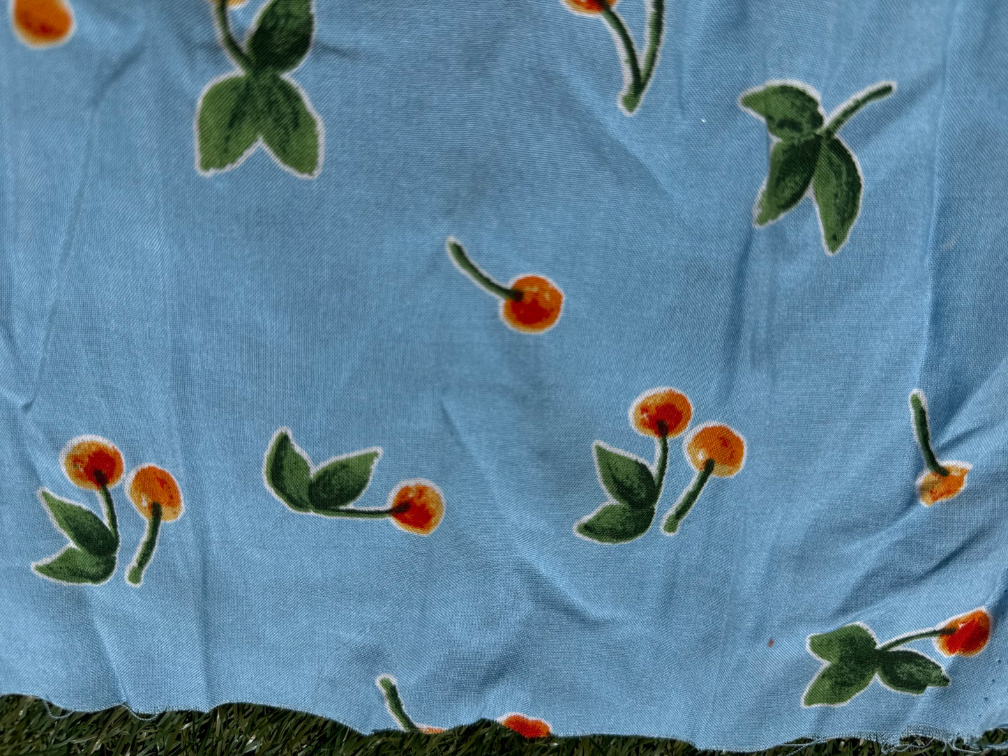 Blue Red Green Cherry Print Rayon Challis "Blue Ribbon Pie"