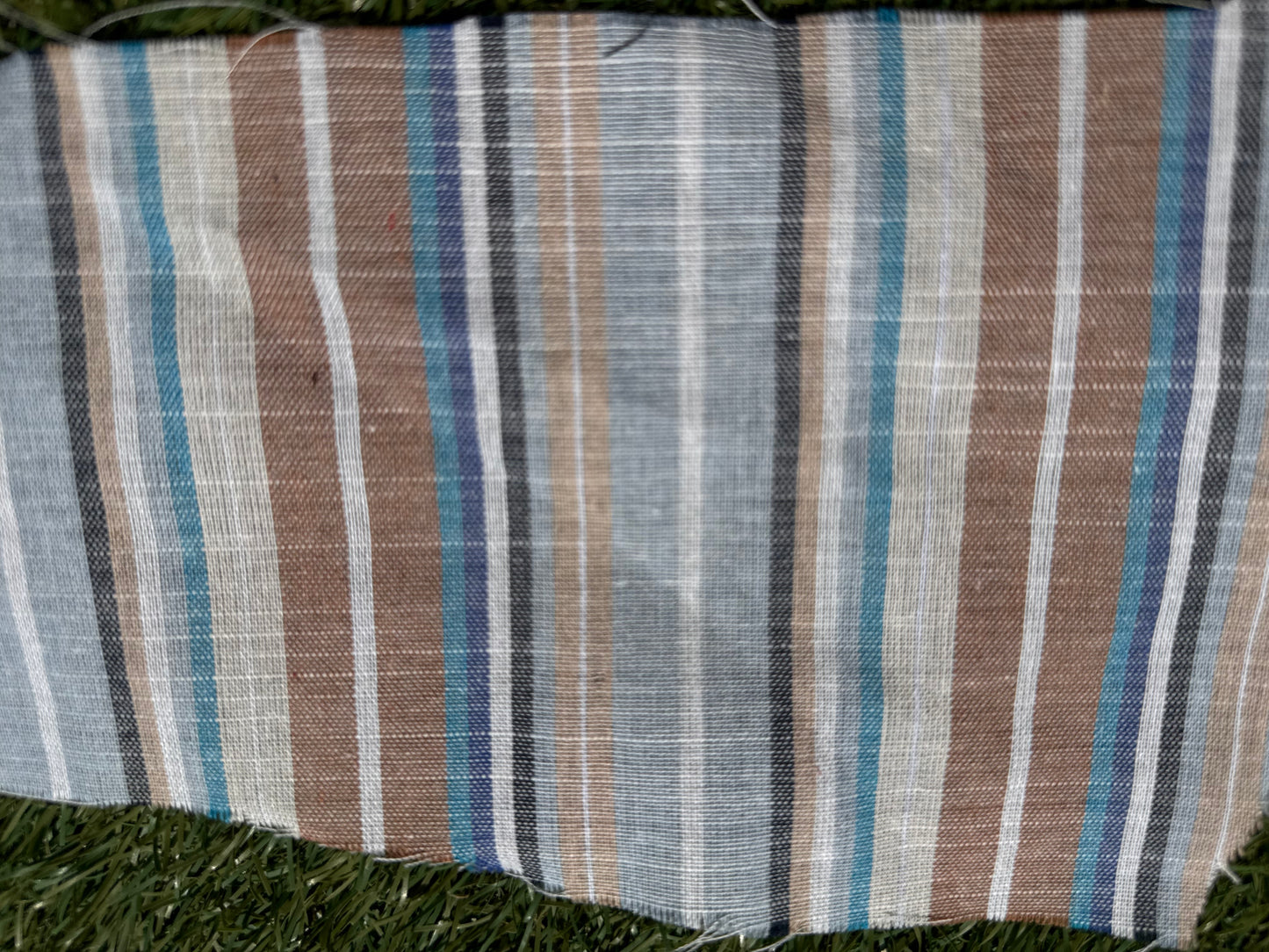 Blue Taupe Cream Vertical Stripe Cotton Gauze Woven "Dana Point"