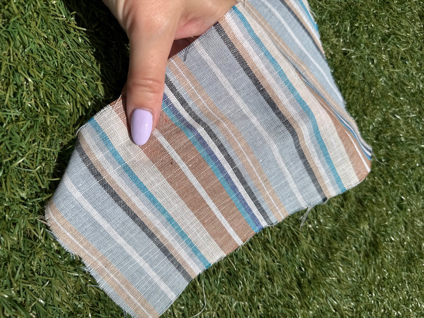 Blue Taupe Cream Vertical Stripe Cotton Gauze Woven "Dana Point"