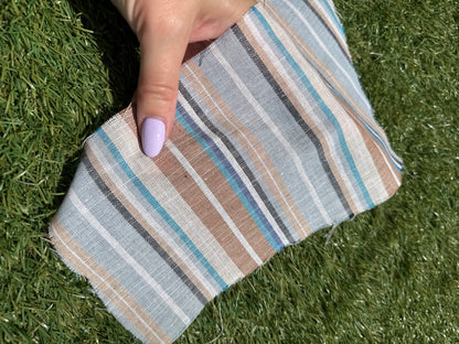 Blue Taupe Cream Vertical Stripe Cotton Gauze Woven "Dana Point"