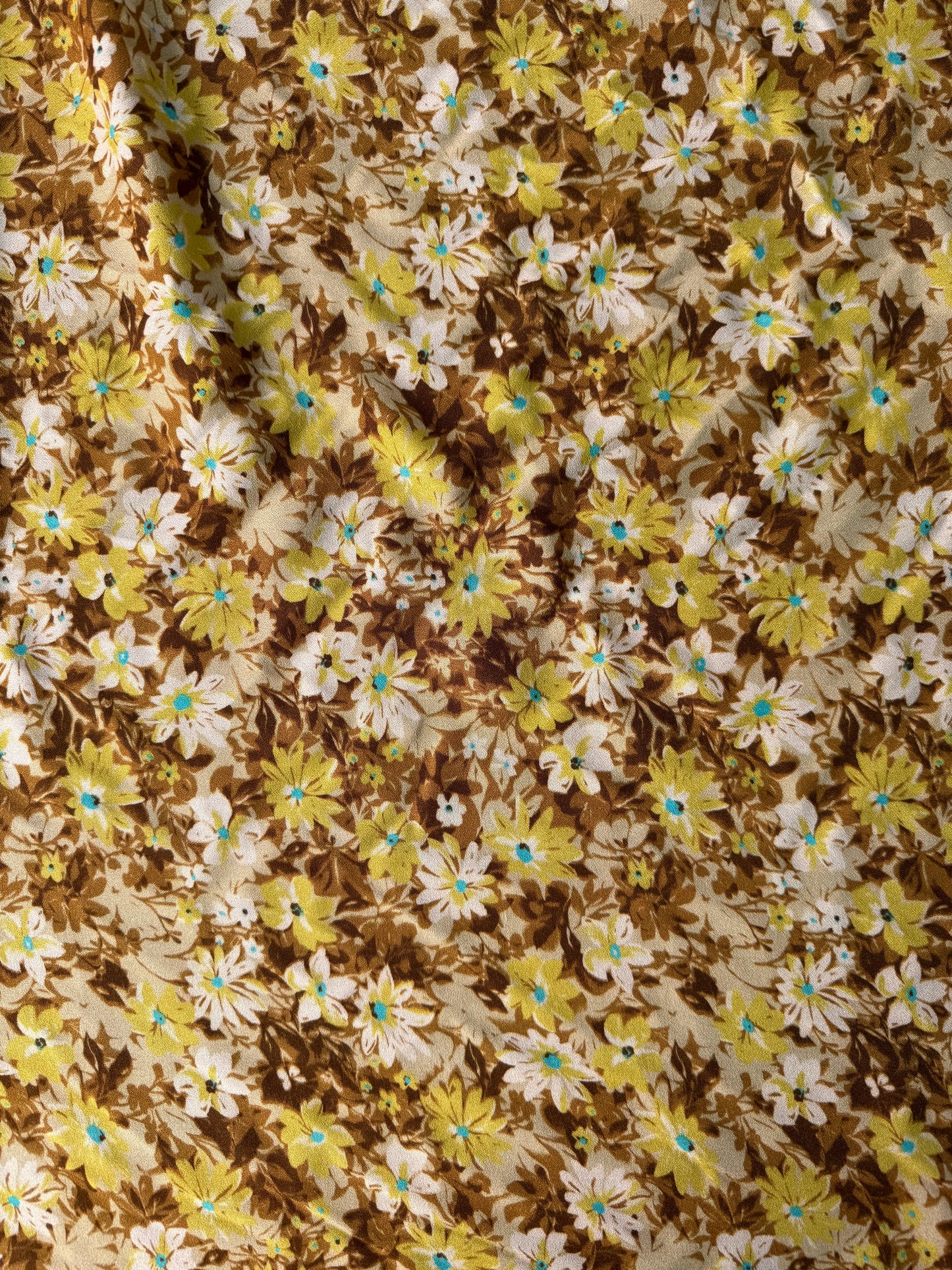 Brown Yellow White Floral Daisy Print Soft Rayon Crepe Woven "Bright Spots"