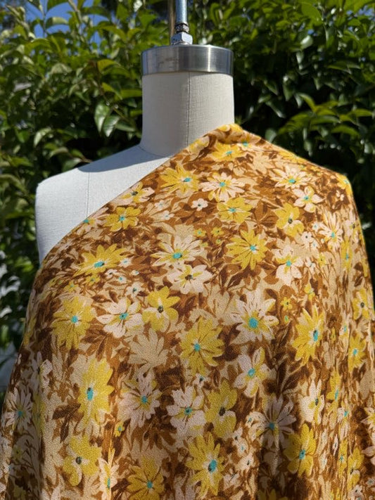 Brown Yellow White Floral Daisy Print Soft Rayon Crepe Woven "Bright Spots"