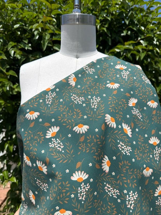 Green White Yellow Floral Daisy Print Lightweight Cotton Twill Woven "Folly Daisy"
