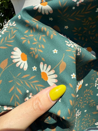 Green White Yellow Floral Daisy Print Lightweight Cotton Twill Woven "Folly Daisy"