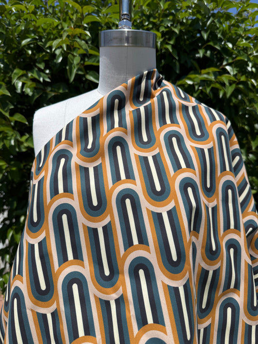 White Blue Black Gold Retro Print Lightweight Cotton Twill Woven "Retro Wave"