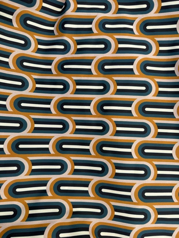 White Blue Black Gold Retro Print Lightweight Cotton Twill Woven "Retro Wave"