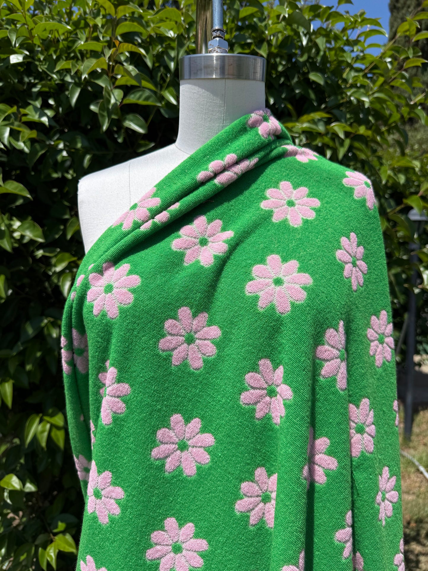 Green Pink Daisy Floral Polyester Terry Cloth Knit "Spring Daisy"