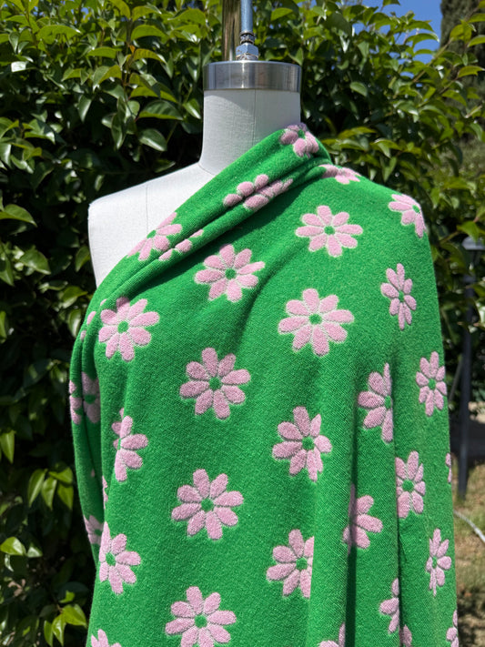 Green Pink Daisy Floral Polyester Terry Cloth Knit "Spring Daisy"