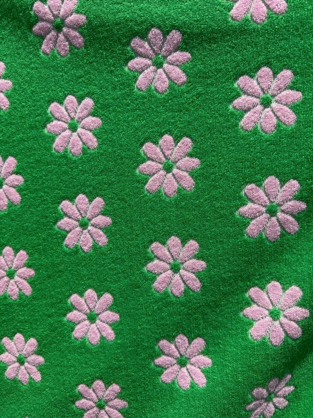 Green Pink Daisy Floral Polyester Terry Cloth Knit "Spring Daisy"