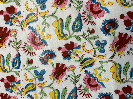 White Pink Yellow Green Floral Paisley Flower Print Cotton Gauze Woven "Dawn in Bali"