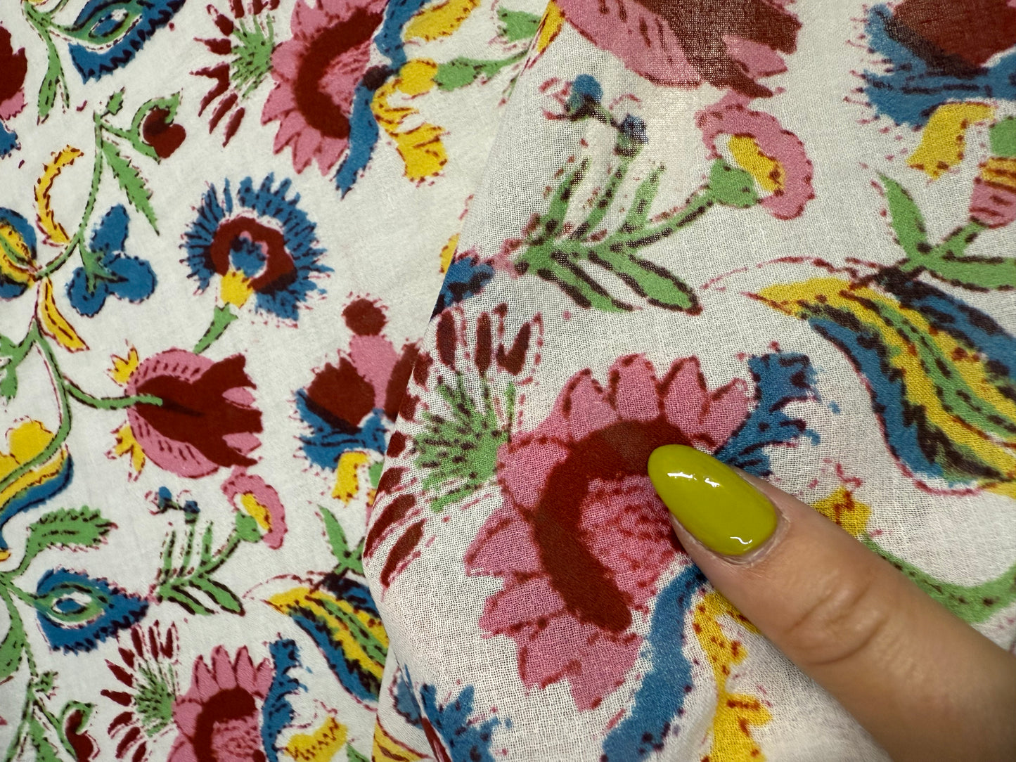 White Pink Yellow Green Floral Paisley Flower Print Cotton Gauze Woven "Dawn in Bali"