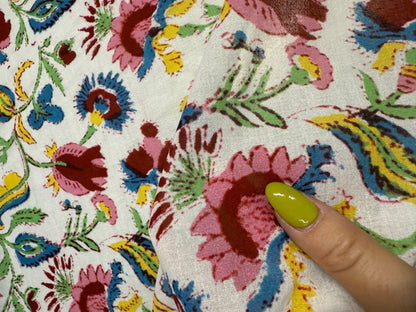 White Pink Yellow Green Floral Paisley Flower Print Cotton Gauze Woven "Dawn in Bali"