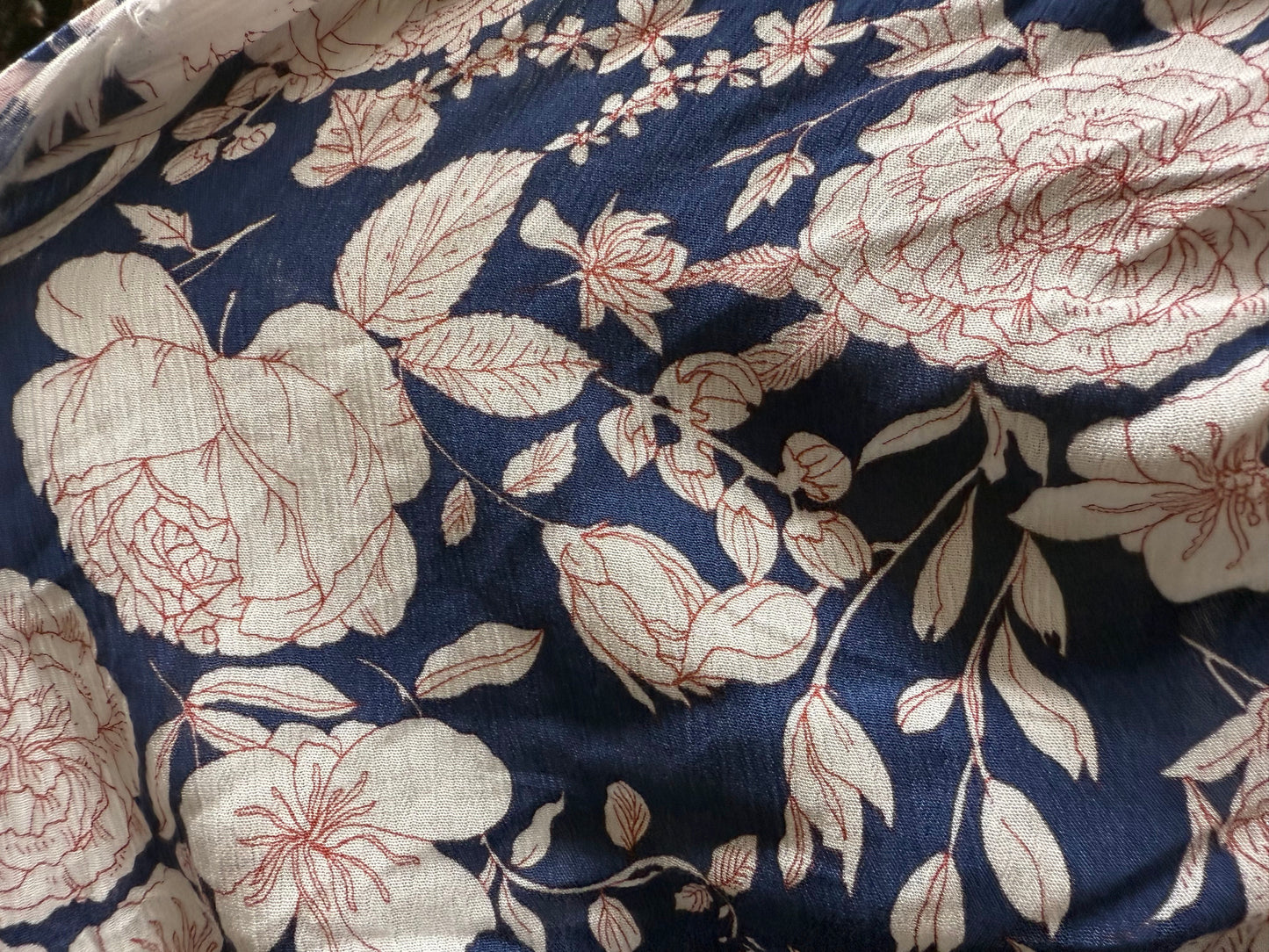 Red Navy White Line art Large Floral Soft  Rayon Crepe "Inked in Red"