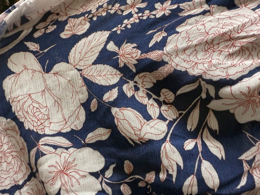 Red Navy White Line art Large Floral Soft  Rayon Crepe "Inked in Red"