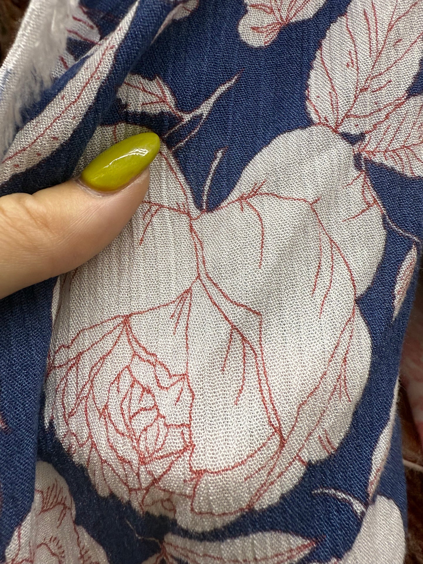 Red Navy White Line art Large Floral Soft  Rayon Crepe "Inked in Red"