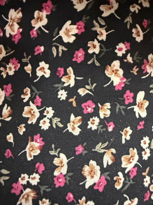Black White Pink Green Ditsy Floral Polyester Woven " Noir Meadow"