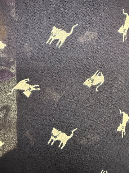 Black White Cat Print Sheer Vintage Rayon Georgette "Sweetie Kitty"