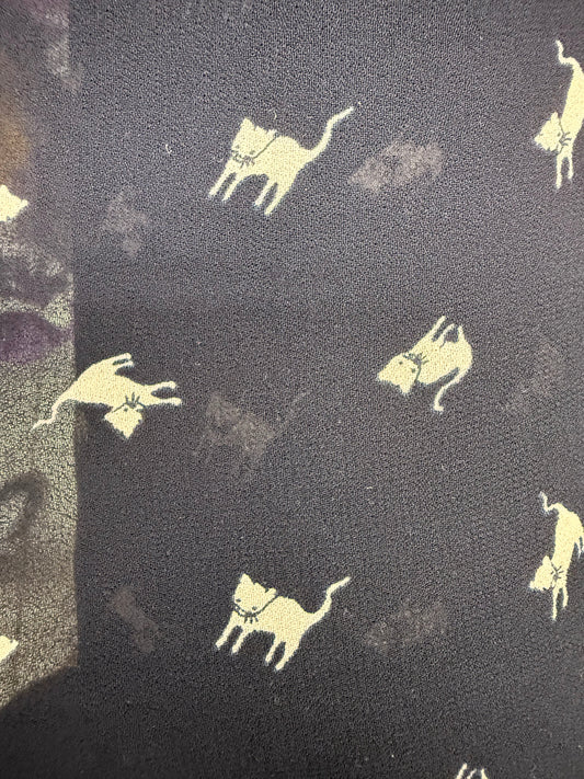 Black White Cat Print Sheer Vintage Rayon Georgette "Sweetie Kitty"