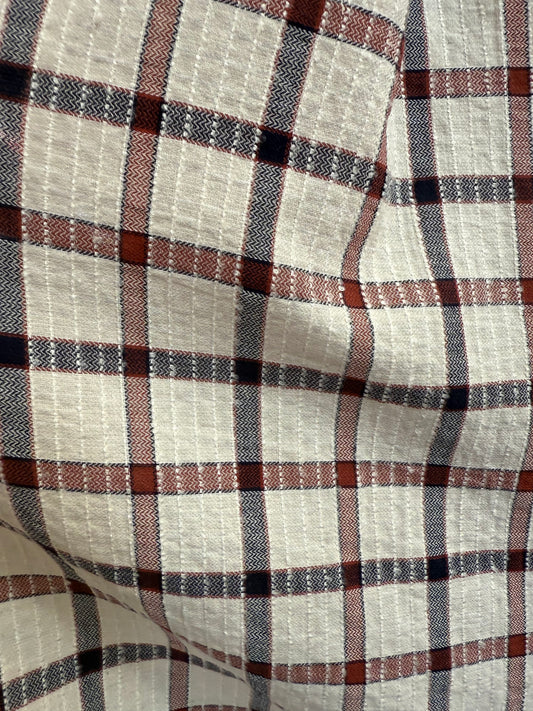 Red Blue Cream Textured Plaid Cotton Woven "Berries N' Cream Picnic"