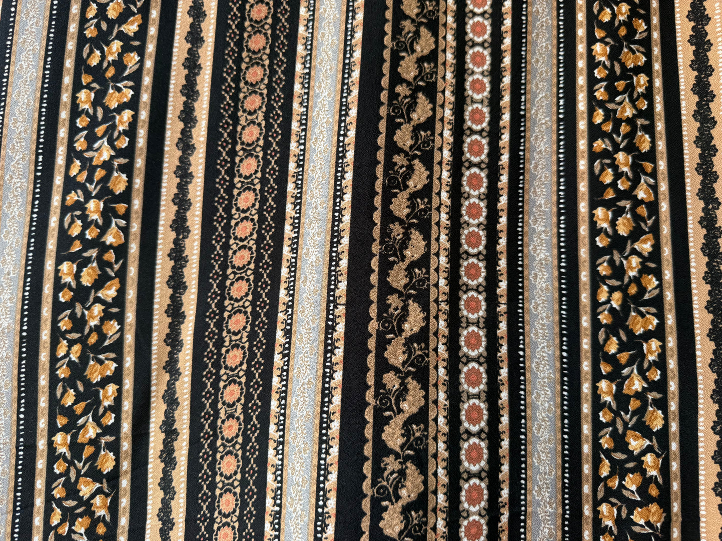Brown White Orange Black vertical stripe floral Boho Rayon Crepe "Connie's rows"