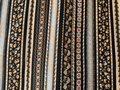 Brown White Orange Black vertical stripe floral Boho Rayon Crepe "Connie's rows"