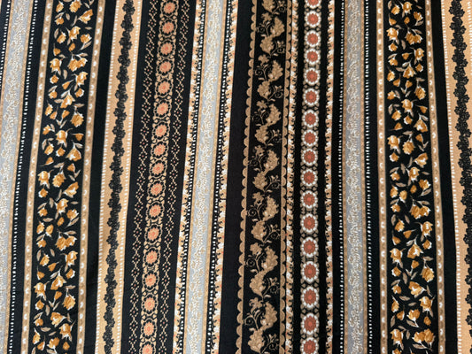 Brown White Orange Black vertical stripe floral Boho Rayon Crepe "Connie's rows"