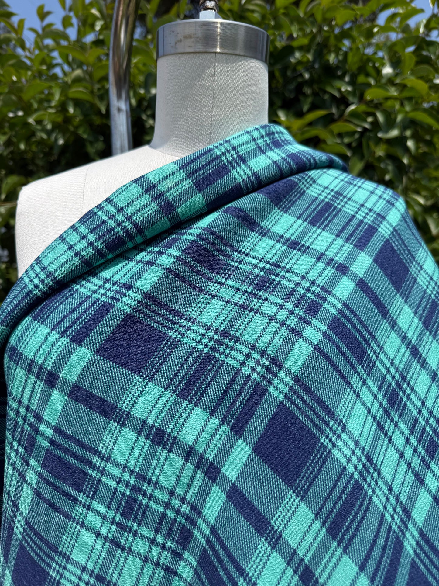 Blue Green Plaid Rayon Crepe Woven "Aqua Beat"