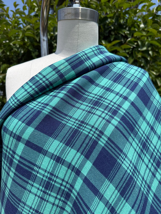 Blue Green Plaid Rayon Crepe Woven "Aqua Beat"