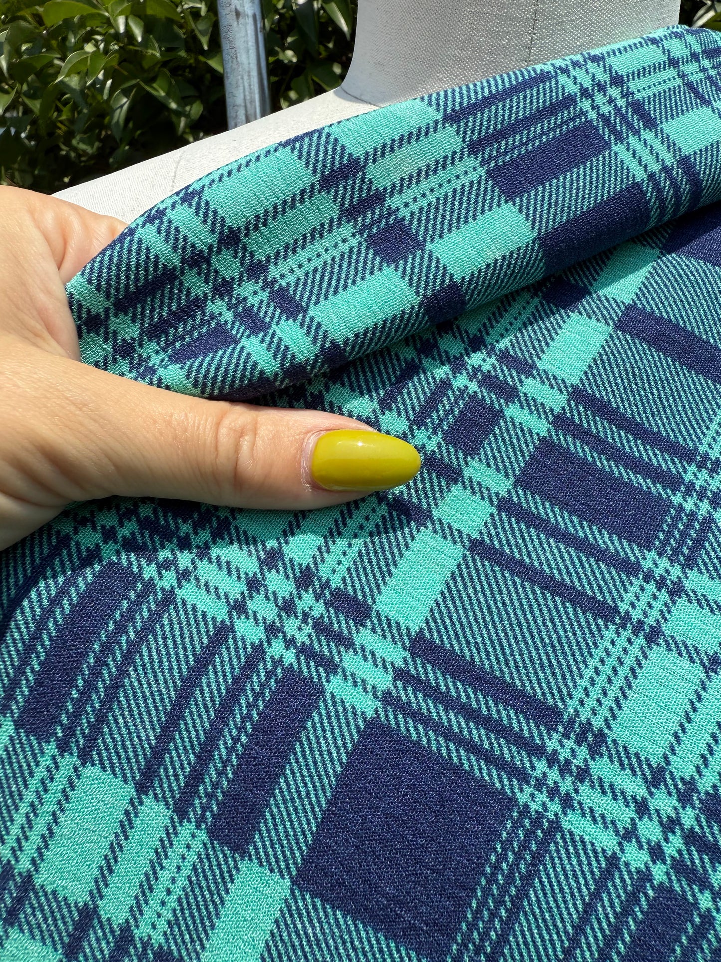 Blue Green Plaid Rayon Crepe Woven "Aqua Beat"