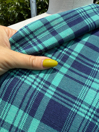 Blue Green Plaid Rayon Crepe Woven "Aqua Beat"