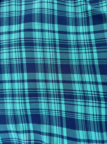 Blue Green Plaid Rayon Crepe Woven "Aqua Beat"