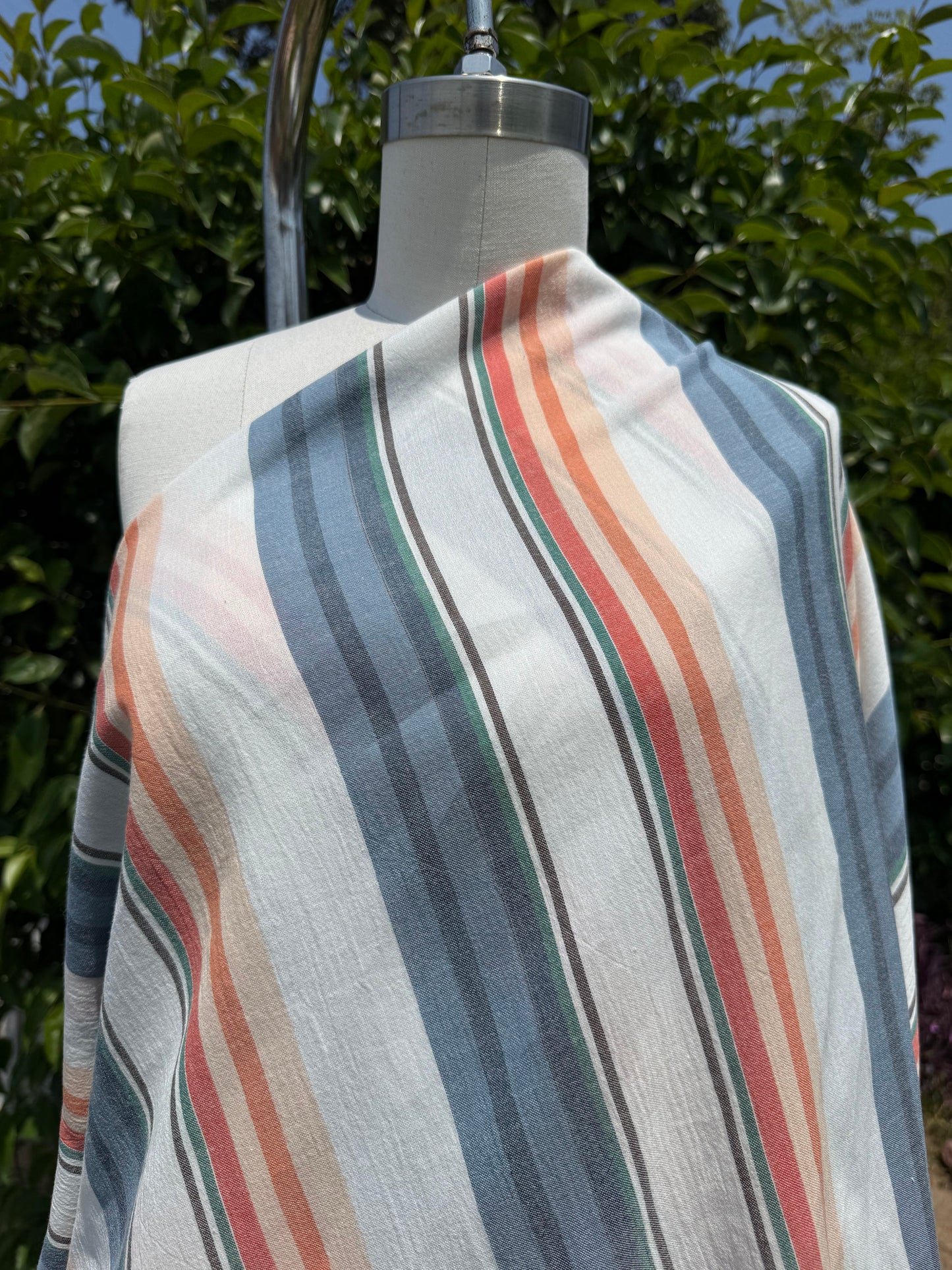 White Blue Coral Stripe Cotton Gauze Woven "Newport Boatride"