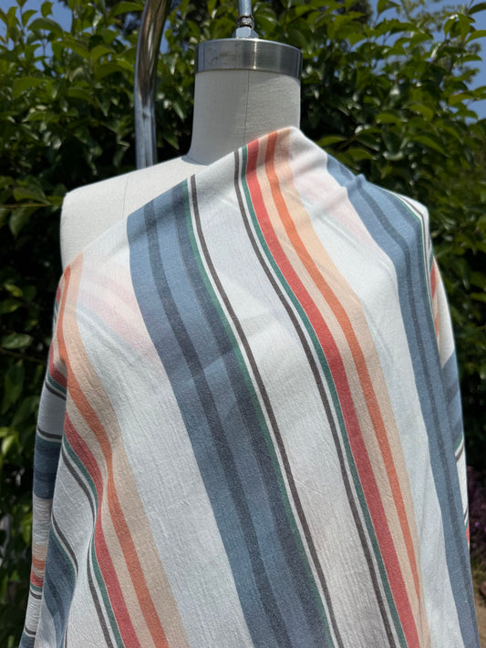 White Blue Coral Stripe Cotton Gauze Woven "Newport Boatride"