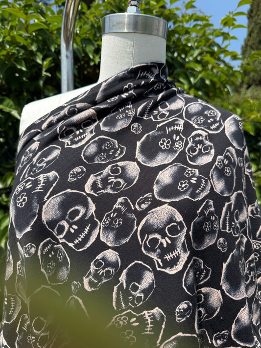 Black Ivory Skull Print Cotton Spandex Jersey Knit "Petal-Eyed Spirits"