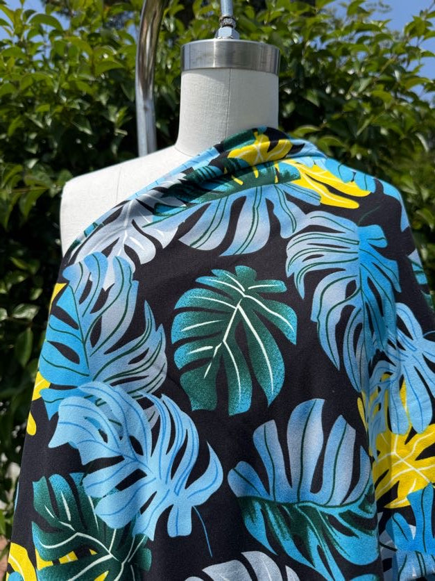 Aqua Blue Green Yellow Plant Palm Print Polyester Spandex DTY Jersey "Chasing Summer"