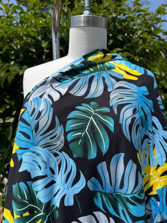 Aqua Blue Green Yellow Plant Palm Print Polyester Spandex DTY Jersey "Chasing Summer"