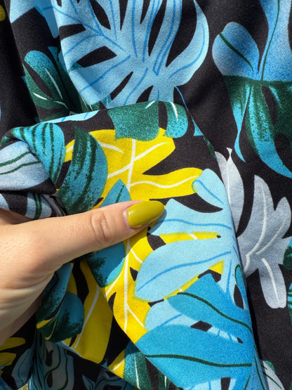 Aqua Blue Green Yellow Plant Palm Print Polyester Spandex DTY Jersey "Chasing Summer"