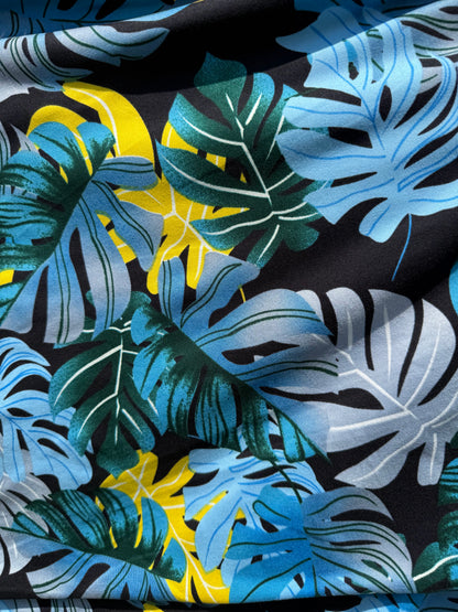 Aqua Blue Green Yellow Plant Palm Print Polyester Spandex DTY Jersey "Chasing Summer"