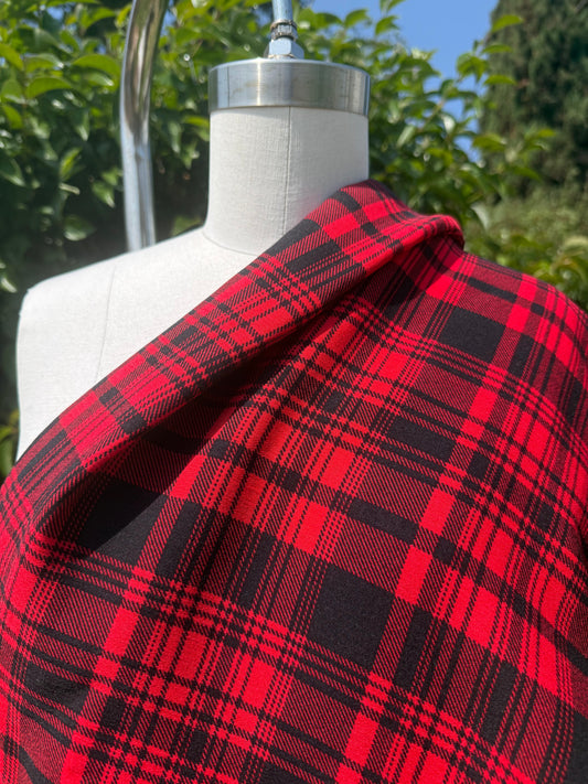 Red Black Plaid Rayon Crepe Woven "Lumberjack"