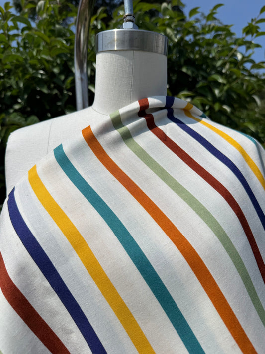 Thin Coral Navy  Brown Gold Off White Vertical Stripe Rayon Challis Woven "Safari Playground"