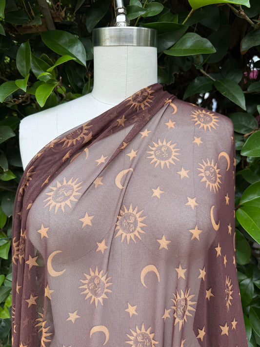 Brown Yellow Sum Moon Stars Micro Stretch Mesh Polyester Spandex Knit "Celestial Splendor"