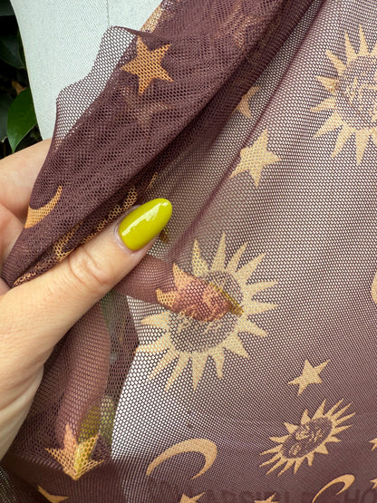 Brown Yellow Sum Moon Stars Micro Stretch Mesh Polyester Spandex Knit "Celestial Splendor"