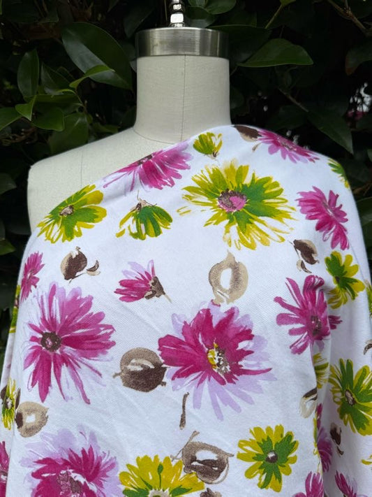 Purple Green Brown White Floral Vintage Cotton Jersey "Crazy Daisy"